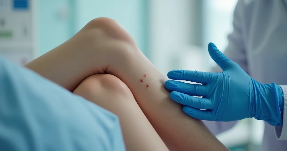 Detalhe de pele nas pernas com vasinhos visíveis e instrumentação médica ao fundo 