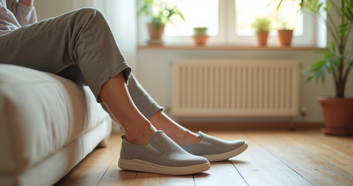 Pernas elevadas em descanso com sapatos ao lado 