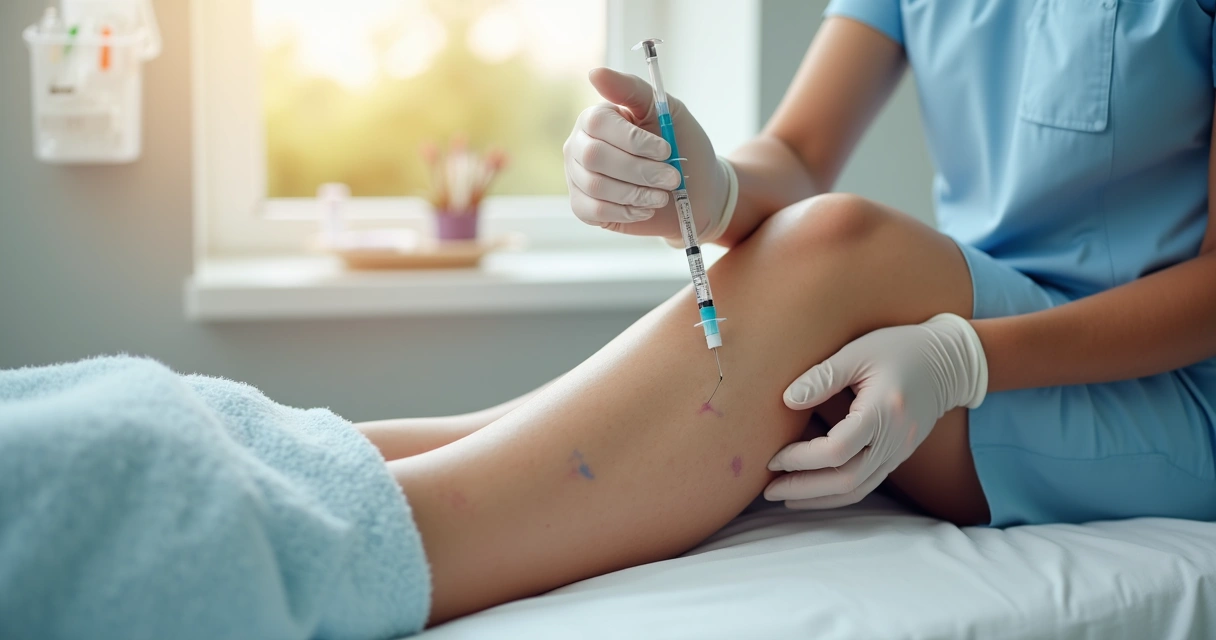 Profissional aplica tratamento de escleroterapia em perna com varizes visíveis 