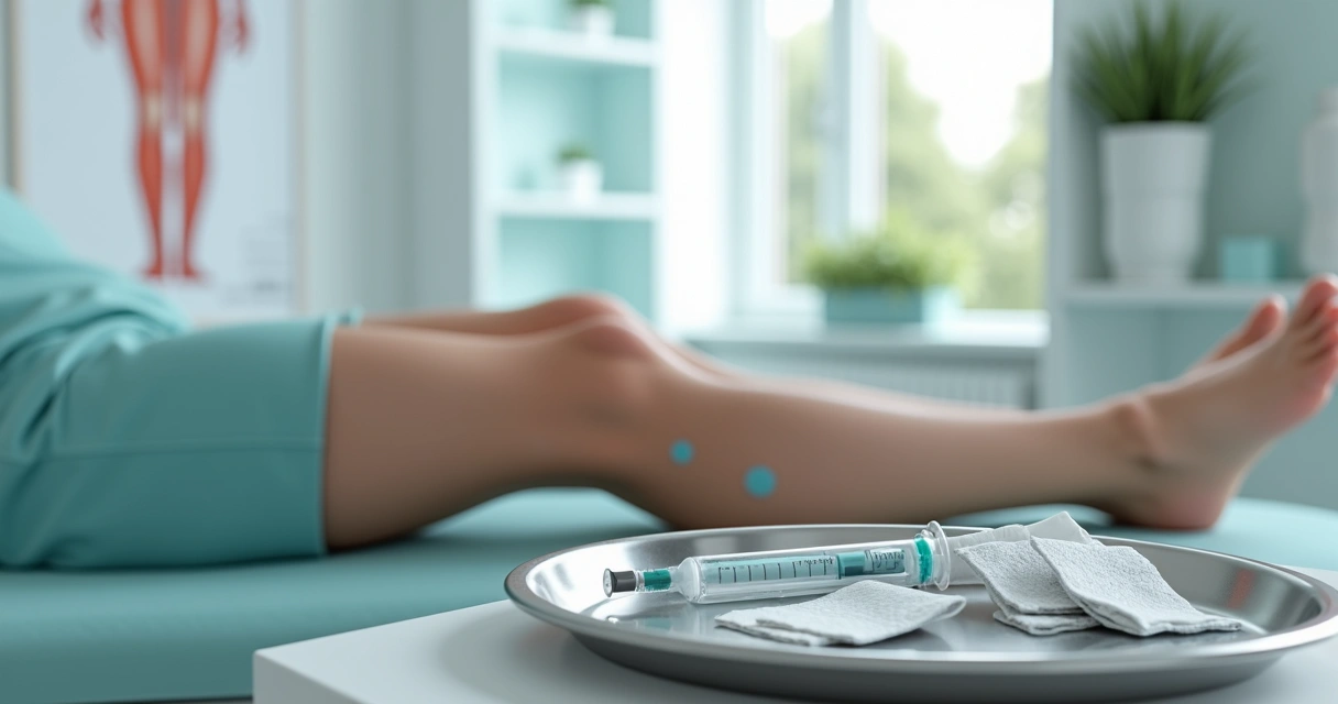 Perna com marcas de escleroterapia sendo preparada em clínica moderna 