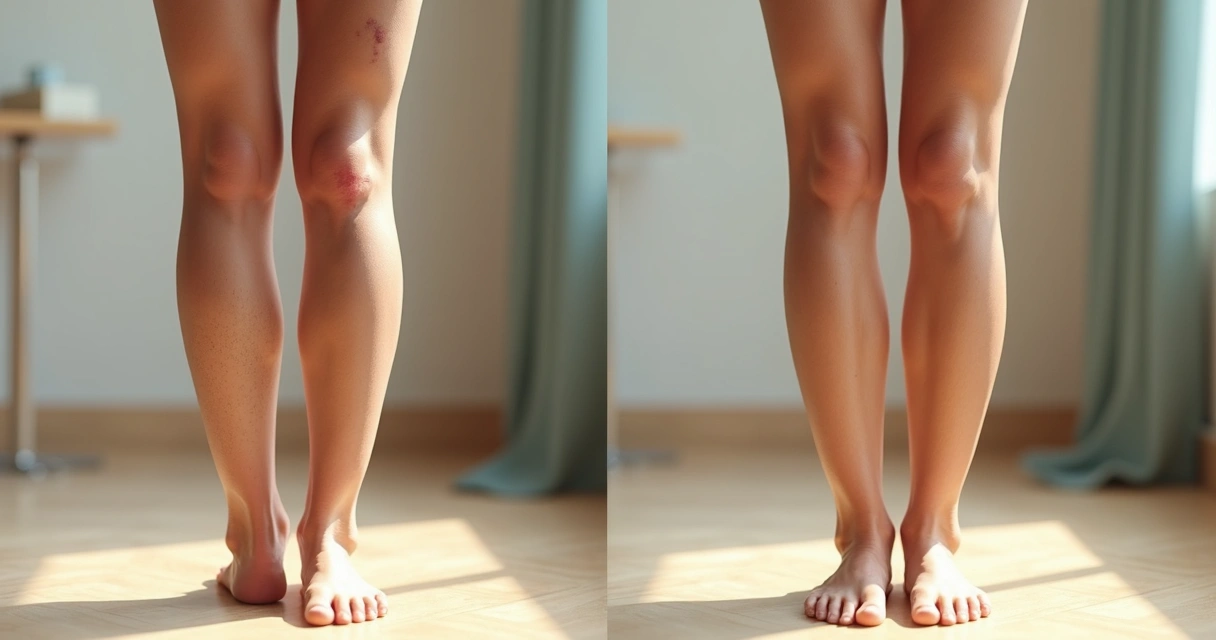 Pernas femininas antes e depois do tratamento de varizes, evidenciando melhora na aparência