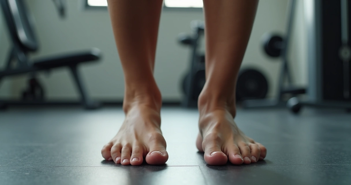 Pernas femininas com músculos definidos, sem varizes, em ambiente de academia 