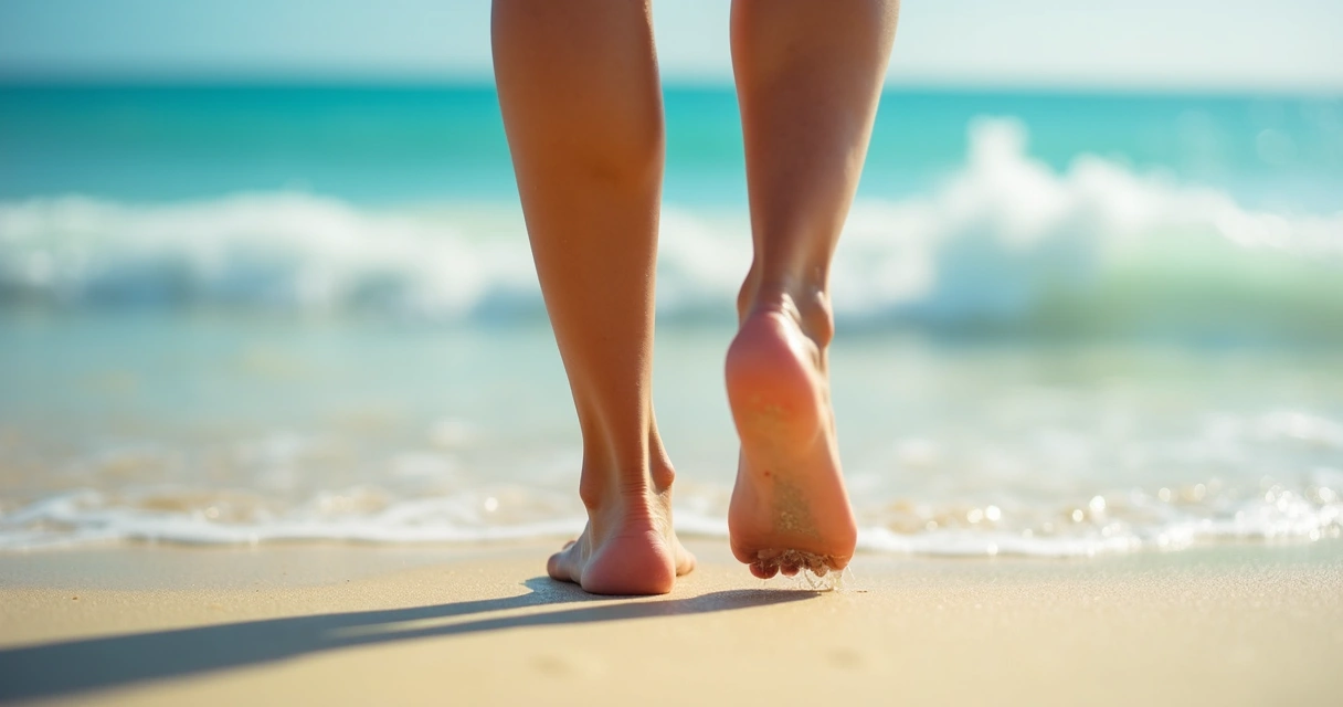 Pernas femininas caminhando na praia com pele saudável 