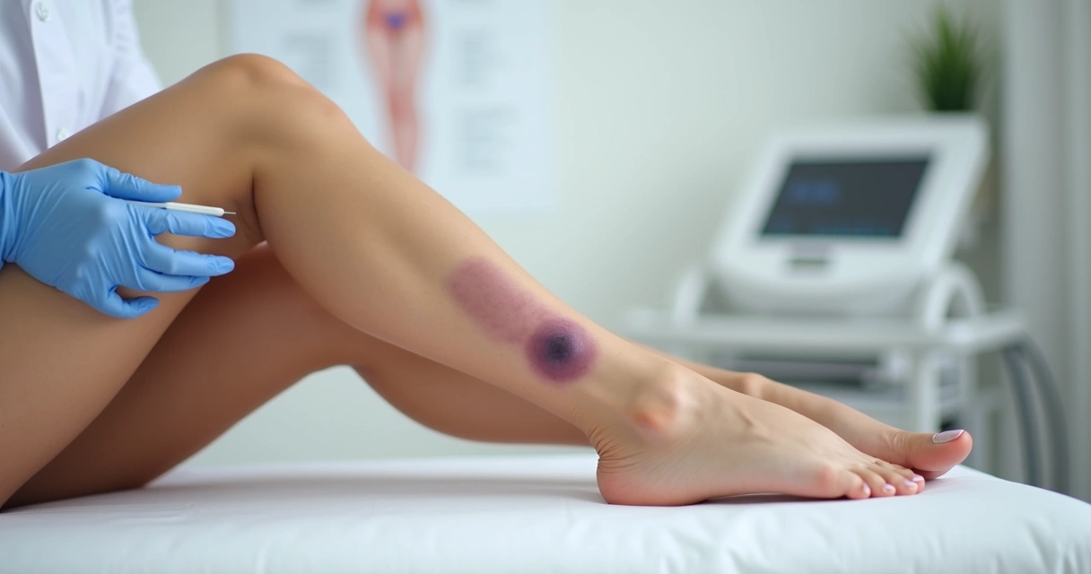 Pernas femininas com pequenas manchas roxas após tratar vasinhos em consultório vascular 