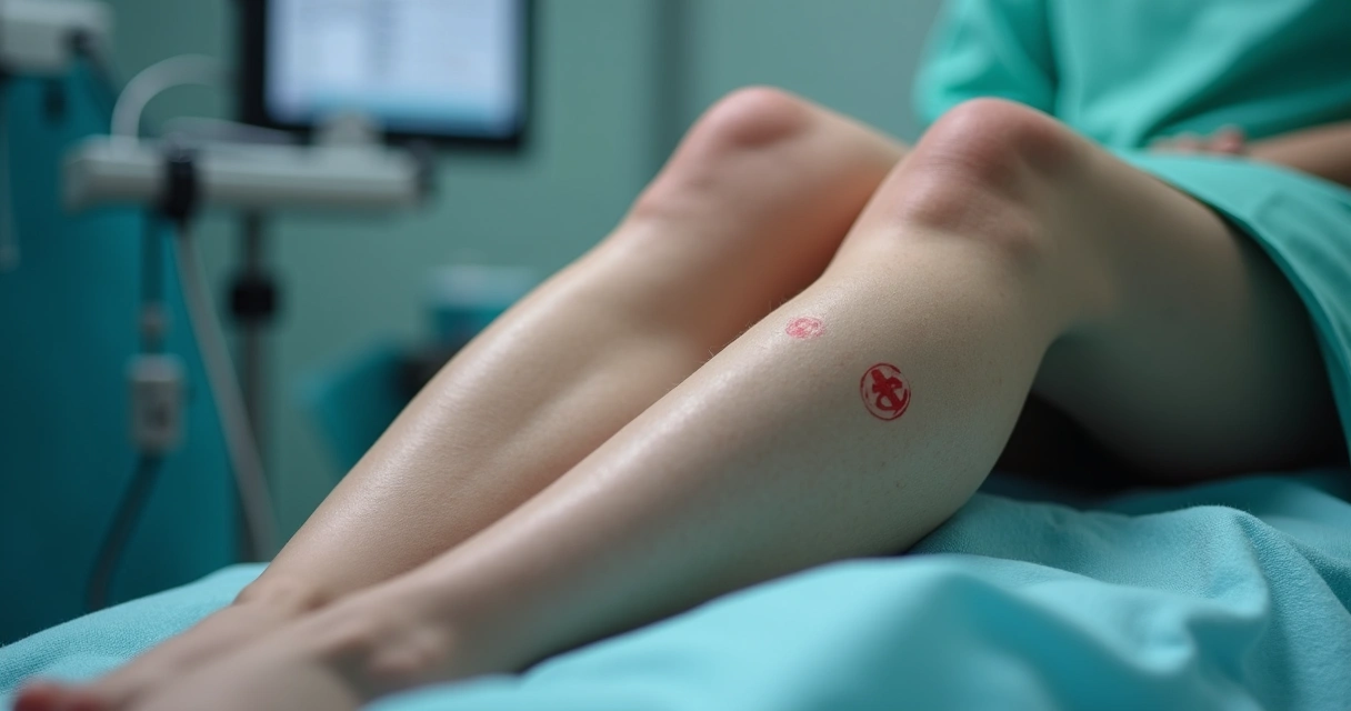 Pernas com marcas de tratamento vascular e exames de imagem 