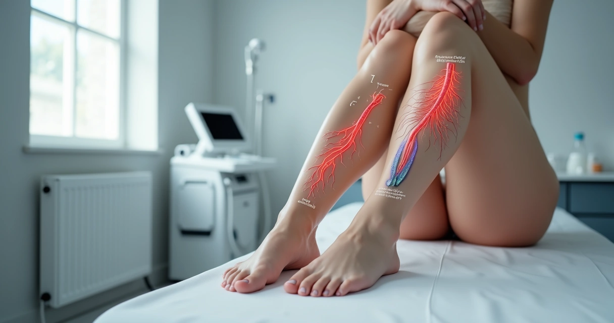 Perna feminina em consultório com destaque para desenhos de microvarizes e varizes na pele 