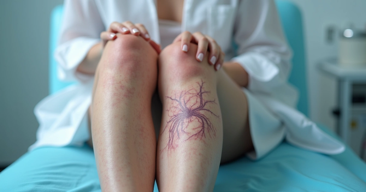Pernas de mulher mostrando vasinhos evidentes, ambiente de clínica, pele clara e foco em diferentes cores dos vasos