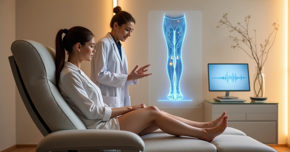 Mulher observando holograma de perna com veias em ambiente tecnológico de saúde vascular 