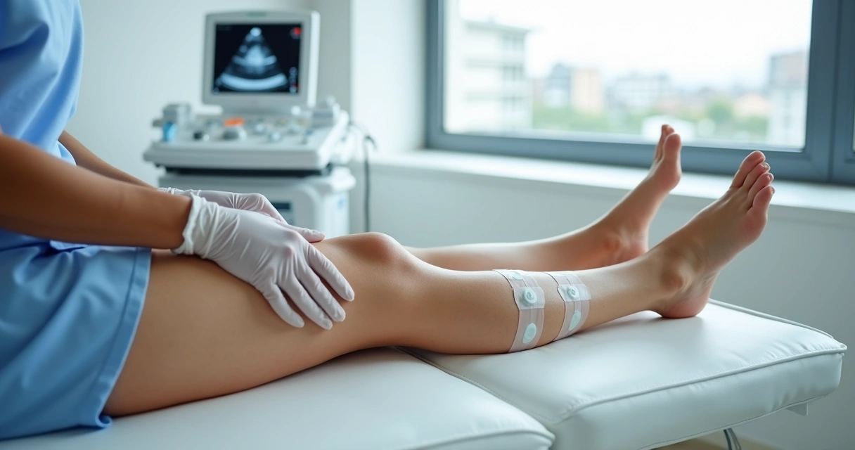 Pernas femininas com curativos pequenos após tratamento de varizes sem cortes visíveis 