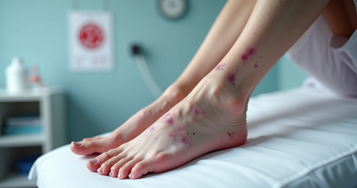 Close-up de pernas com manchas roxas e pequenos pontos avermelhados de púrpura 