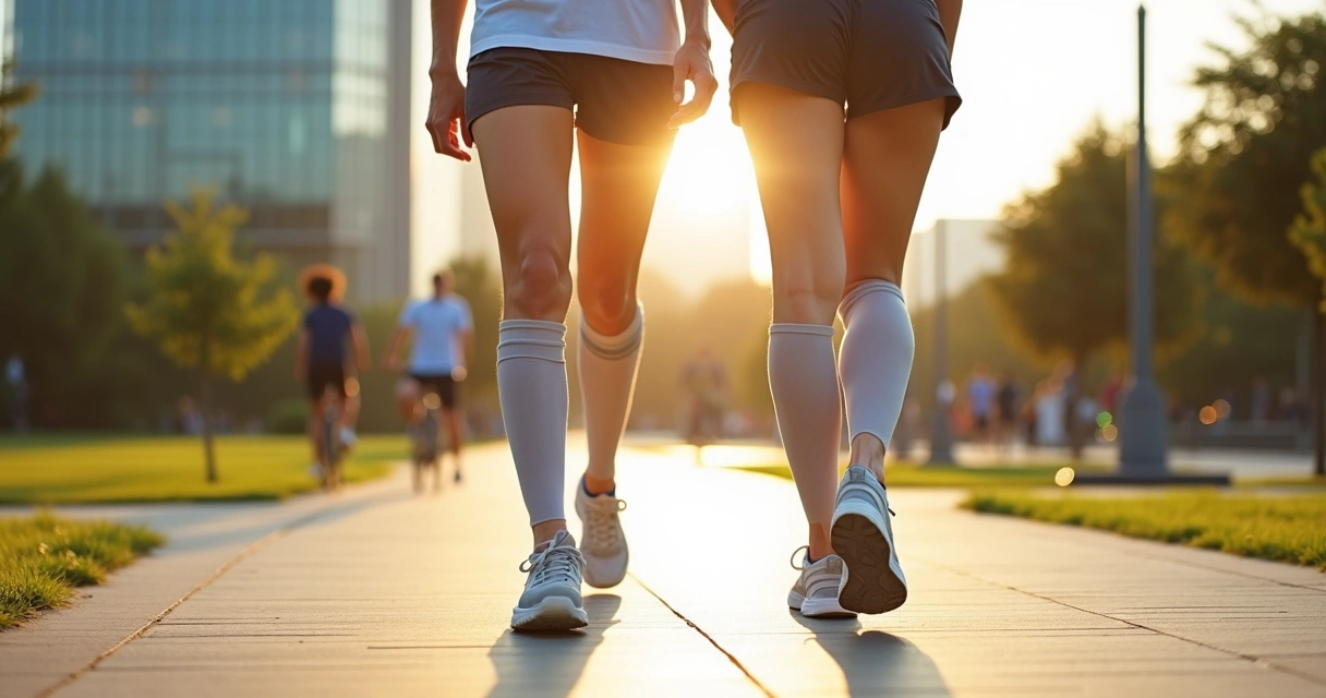 Casal caminhando ao ar livre com foco em pernas saudáveis e sem varizes 