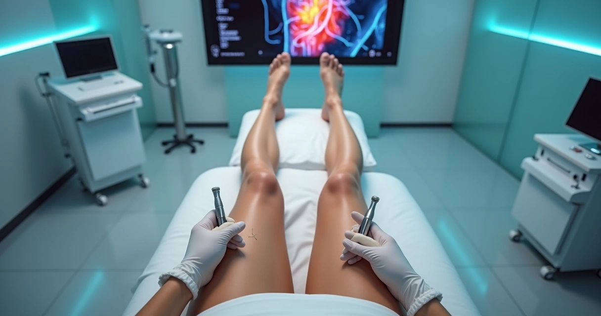 Pernas saudáveis sendo avaliadas em clínica vascular moderna vista de cima 