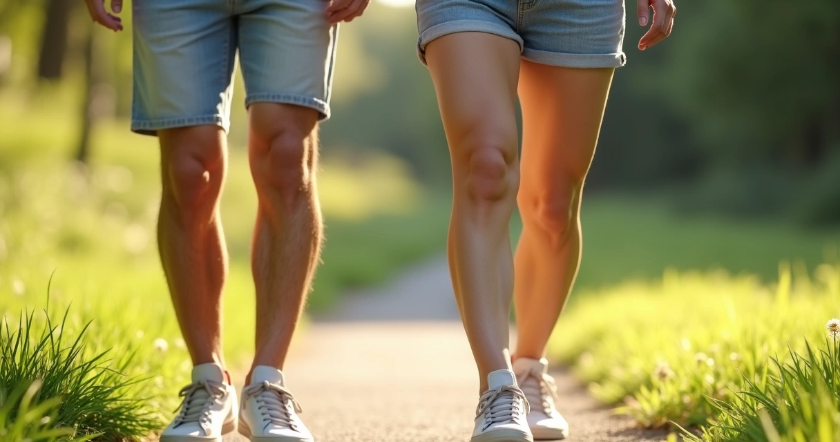 Duas pessoas caminhando ao ar livre com pernas saudáveis 