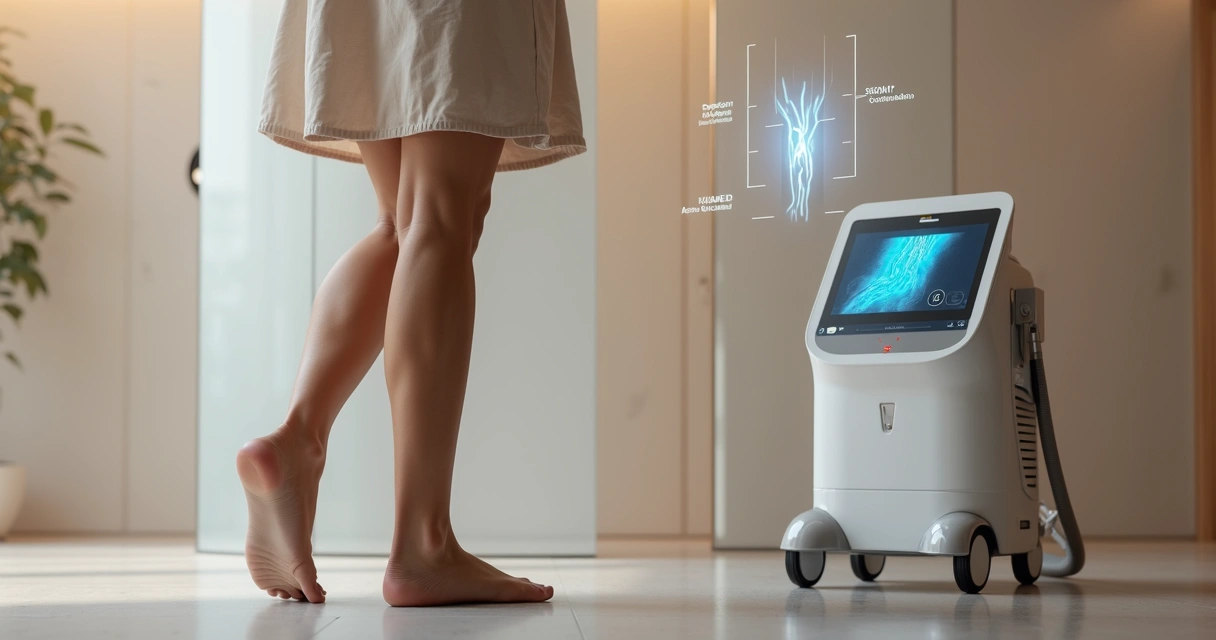 Pernas femininas saudáveis em ambiente tecnológico de clínica vascular moderna 