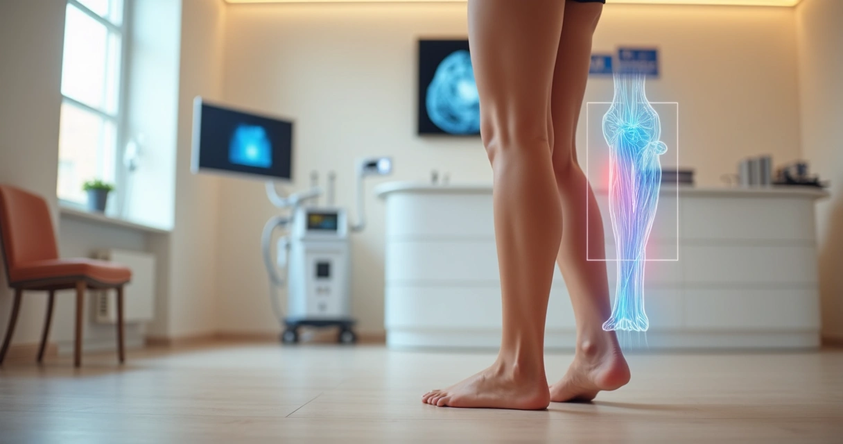 Detalhe de pernas saudáveis em clínica tecnológica com holograma mostrando veias da perna 