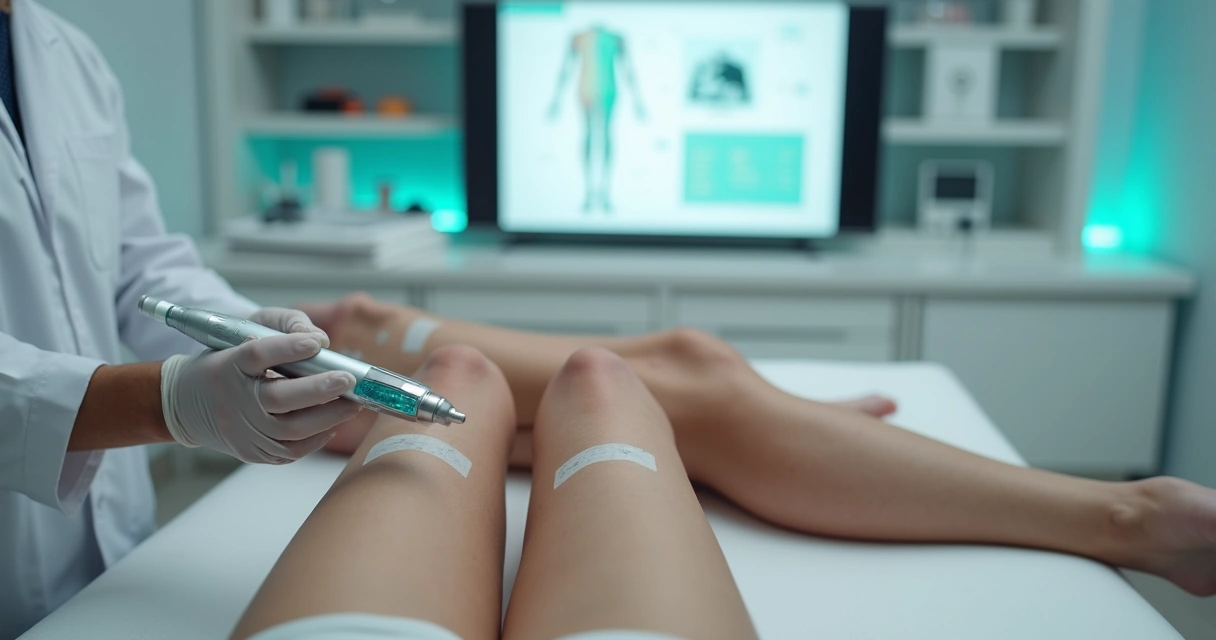 Close-up de pernas com marcações para tratamento a laser em clínica vascular moderna 