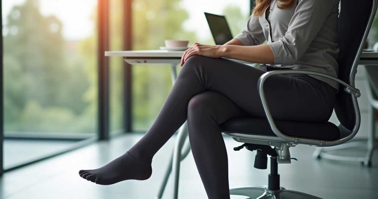 Pernas de uma pessoa sentada usando calça social, com meias que evidenciam leve compressão, ao lado de uma cadeira de escritório moderna exacerbando o ambiente corporativo 