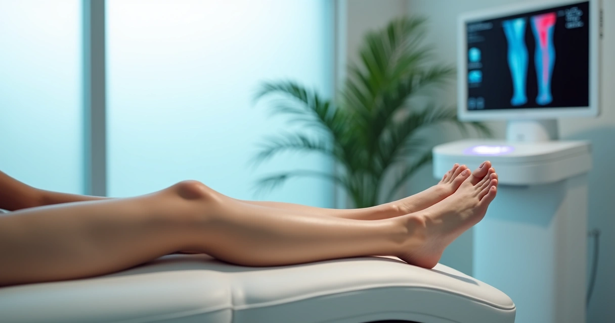 Detalhe de pernas femininas em clínica mostrando melhora das varizes após tratamento a laser 
