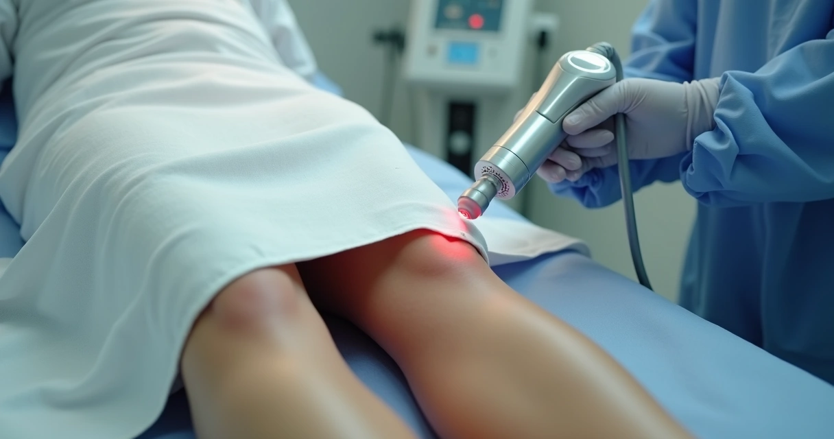 Pernas femininas deitadas com profissional aplicando laser vascular em consultório médico, vista lateral