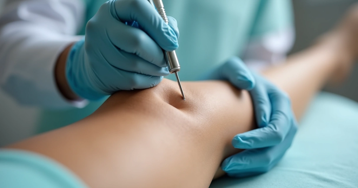 Pessoa deitada, perna esticada, médico aplicando escleroterapia líquida em vasinhos das pernas.