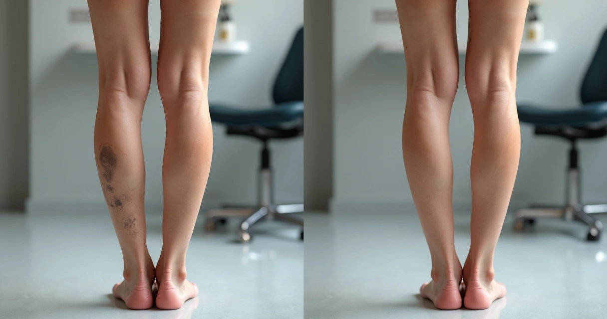 Comparação de pernas com varizes antes e depois do tratamento 
