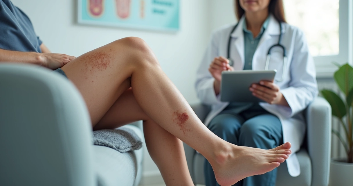 Perna com varizes avançadas e manchas marrons sendo examinada por médico vascular no consultório 