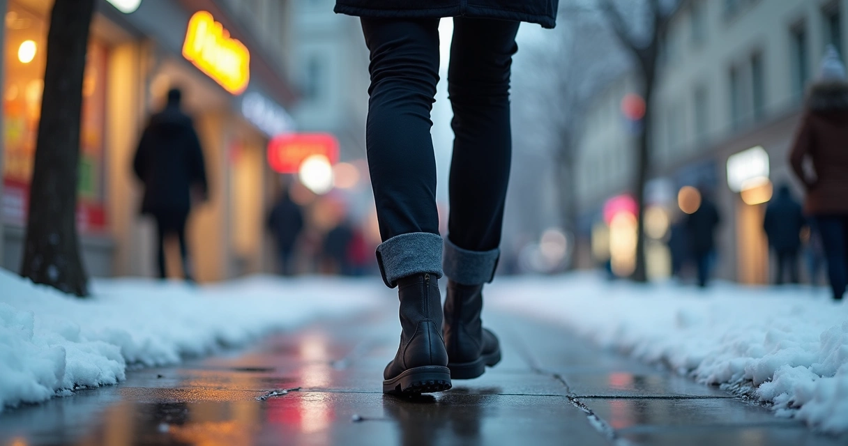 Pessoa caminhando no inverno com foco em pernas cobertas e saudáveis 