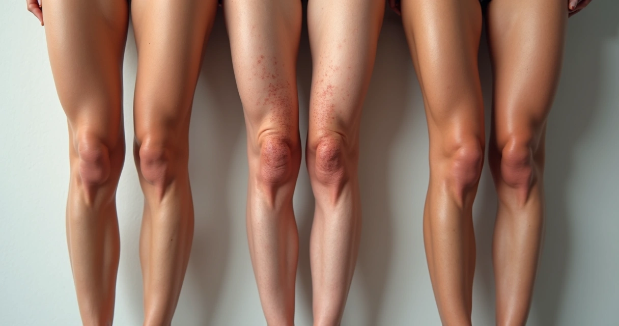 Pernas femininas exibindo diferentes tipos de varizes e vasinhos, fundo neutro 