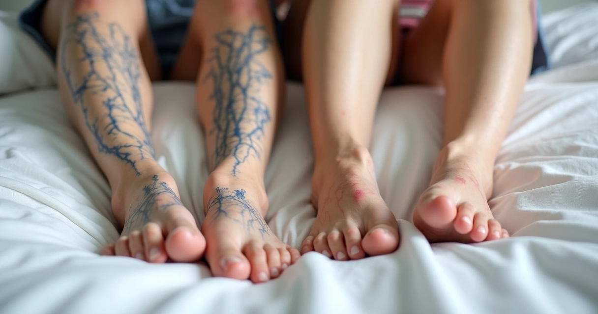 Pernas de uma pessoa mostrando varizes e vasinhos em destaque 