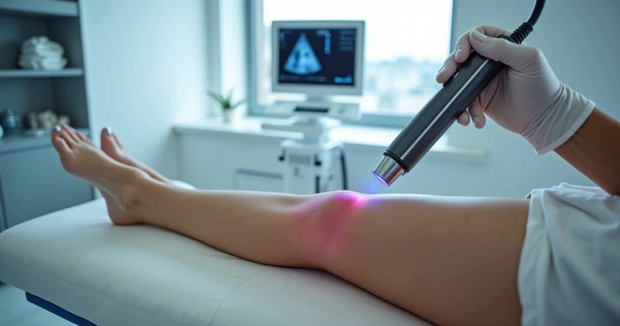 Perna feminina com vasinhos suaves sendo tratada com ponteira de laser em clínica vascular moderna 
