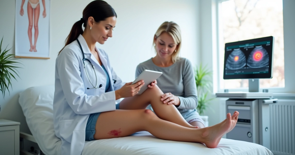 Pernas com veias aparentes sendo avaliadas por angiologista em consultório 