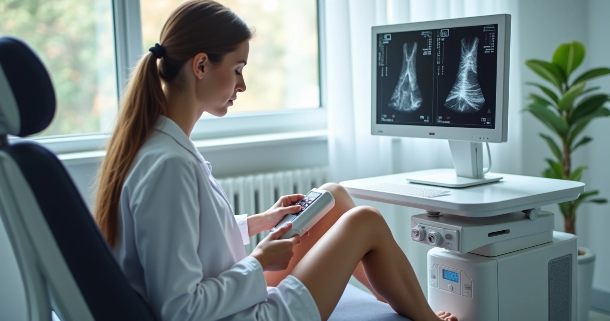 Médica realizando exame eco-doppler vascular nas pernas de uma paciente em consultório 