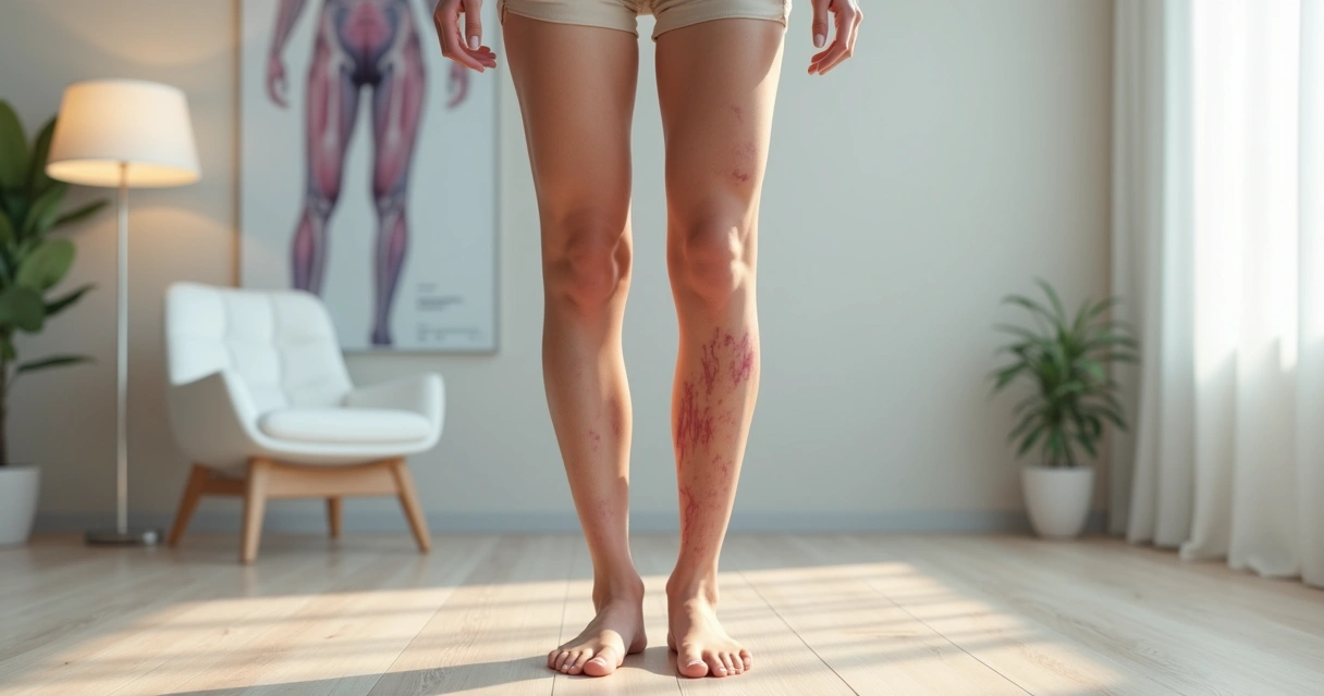 Pernas femininas com vasinhos e varizes aparentes em ambiente clínico moderno 