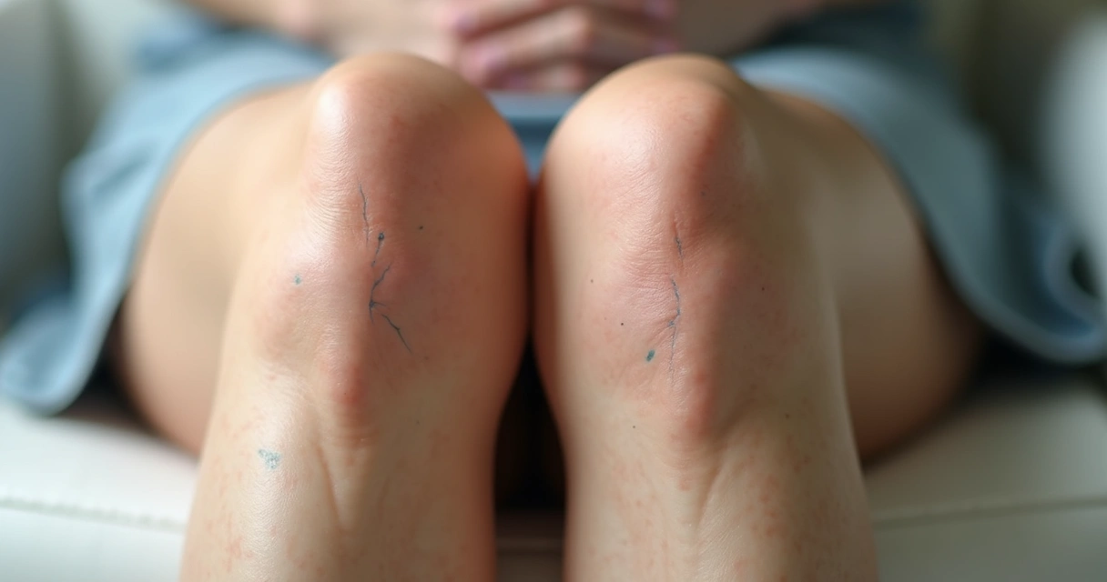 Veias visíveis em pernas de mulher sentada 