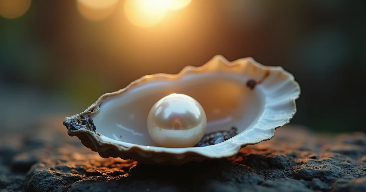 Pérola dentro de uma ostra aberta sobre uma superfície escura 