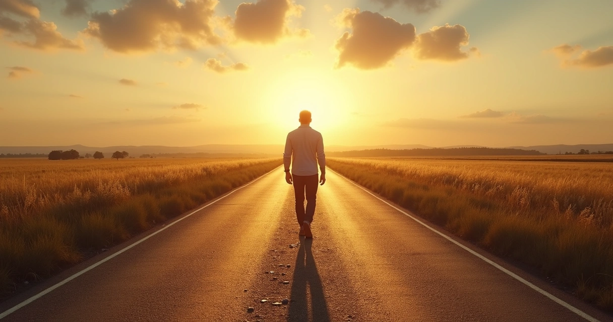 Pessoa caminhando em uma estrada, céu aberto ao fundo 