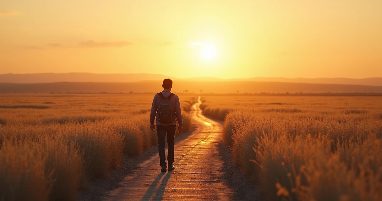 Pessoa caminhando sozinha em uma trilha longa com horizonte ao fundo 