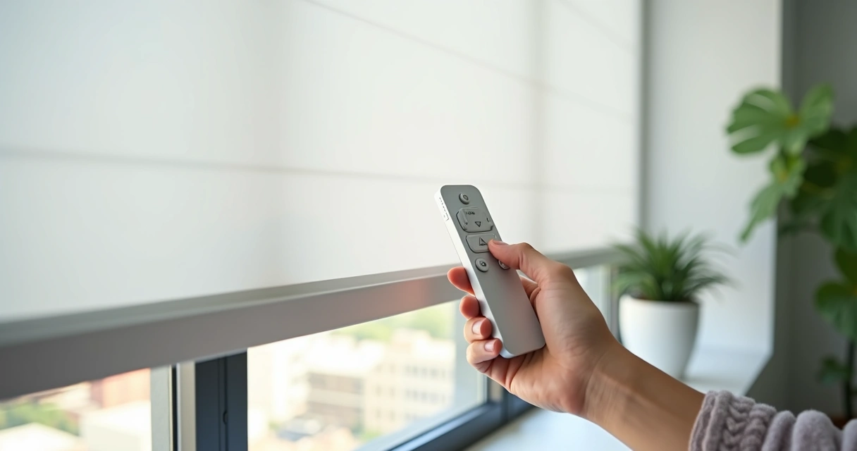 Pessoa segurando controle remoto abrindo persiana automática 
