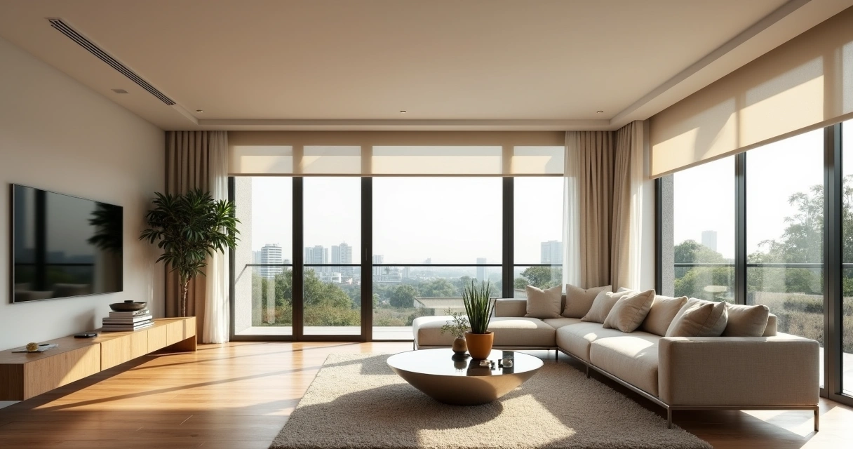 Sala espaçosa com persianas motorizadas instaladas no teto 