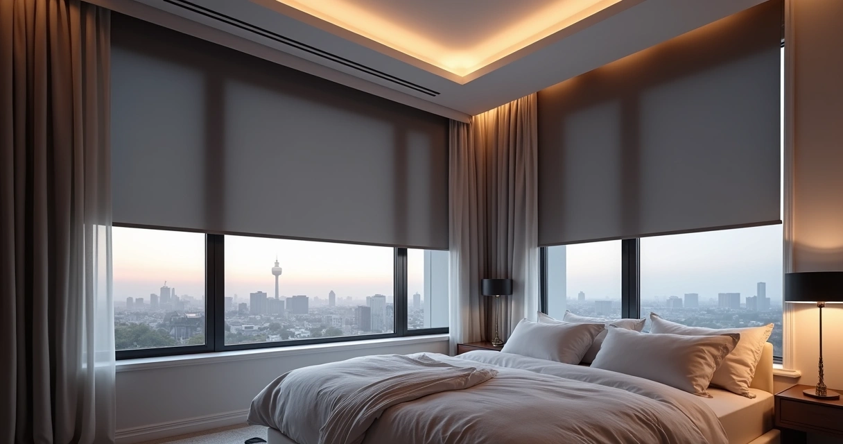 Persiana blackout instalada no quarto com sistema caixa box e guias laterais no topo da janela 