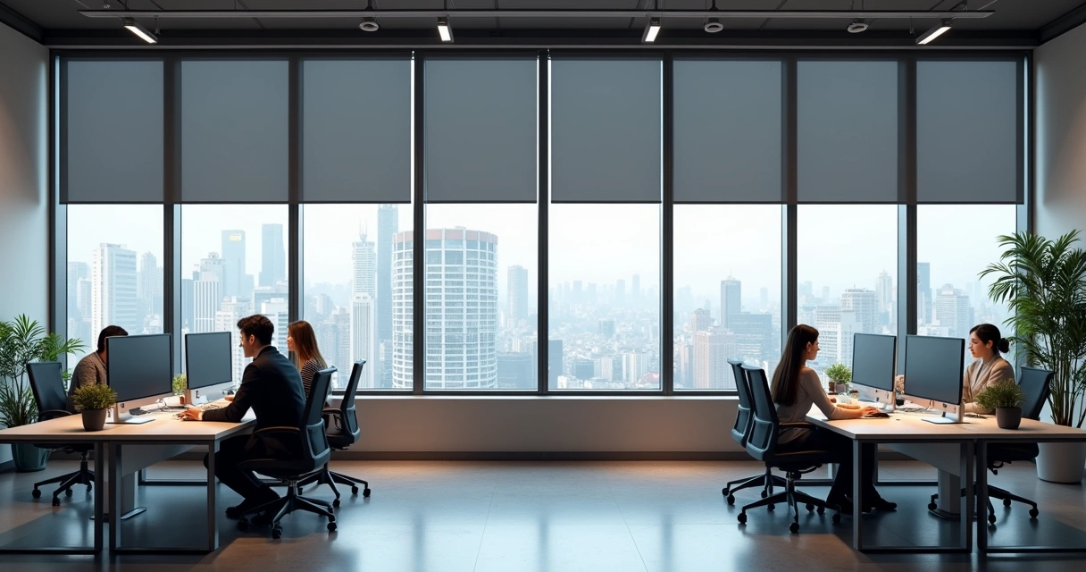 Persiana blackout instalada em escritório moderno com mesas, cadeiras e computadores.