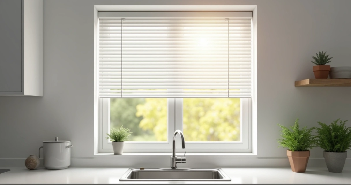 Persiana de PVC branca instalada em janela de cozinha moderna 