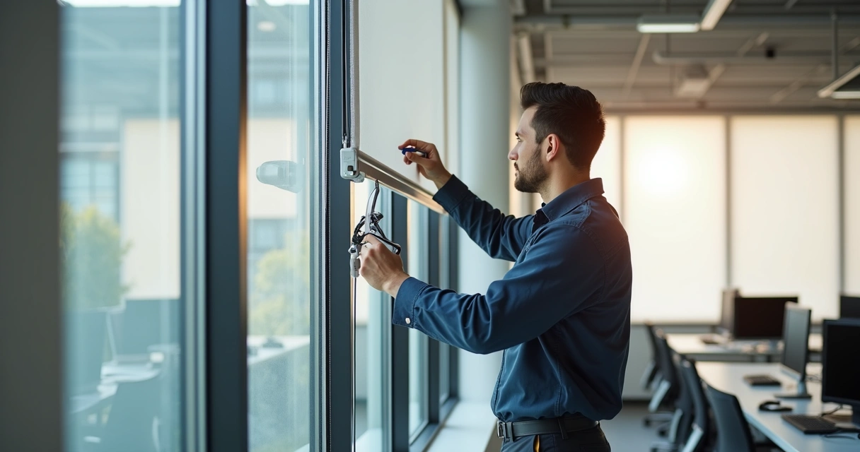 Profissional instalando persiana automatizada em janela grande de ambiente corporativo