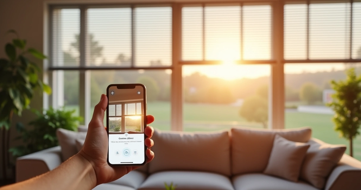 Persiana automática em sala moderna, sendo controlada por smartphone