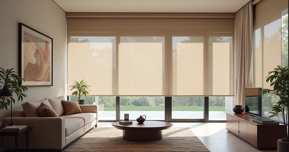 Persiana motorizada instalada em ambiente residencial com integração de automação em sala de estar 