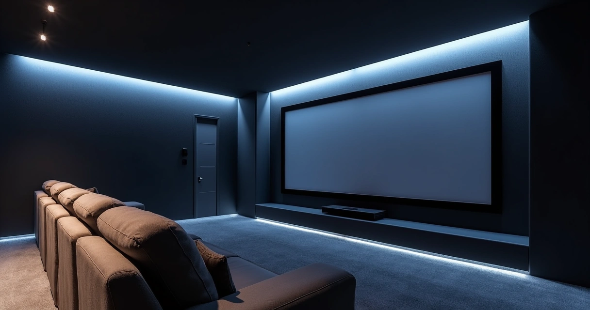 Home theater sofisticado com persianas motorizadas blackout 