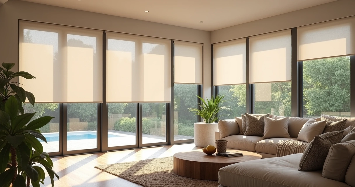 Sala moderna com persiana personalizada e decoração neutra