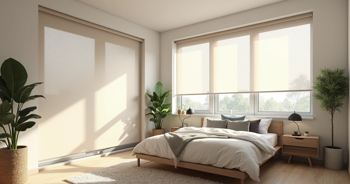 Persiana rolô clara instalada em um quarto moderno, destacando janela ampla e móveis neutros