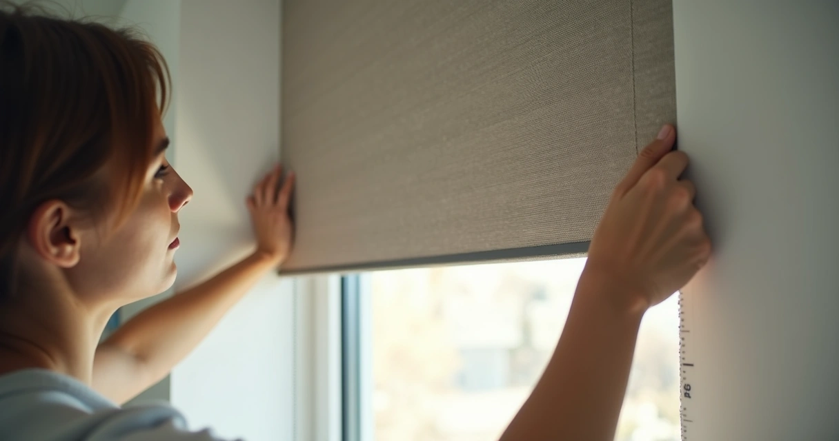 Pessoa instalando uma persiana rolo blackout em janela de sala 