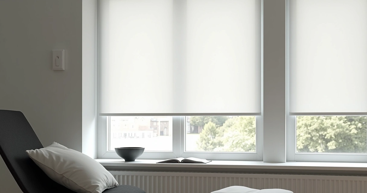 Persiana Rolo Box branca totalmente fechada em janela moderna com guias laterais e ambiente interno iluminado preto e branco 